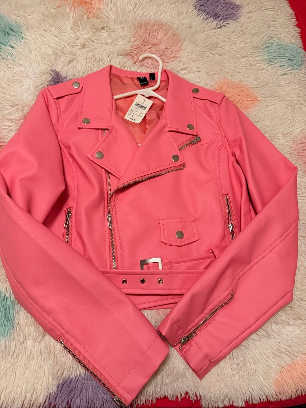 Windsor Pink Faux Leather Moto Jacket with Silver Hardware